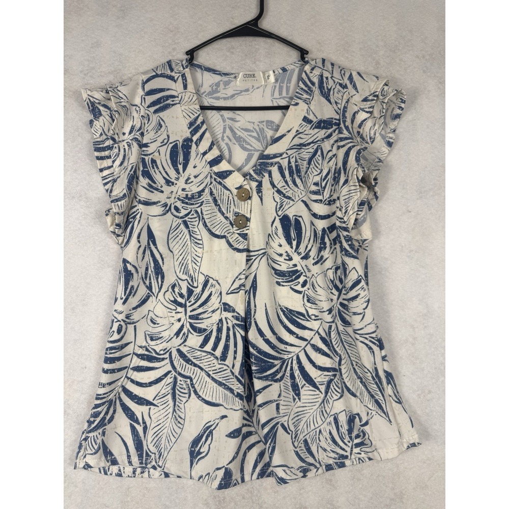 CURE Petites Top Womens Petite Small Blue Ivory Tropical Leaf Flutter Sleeve